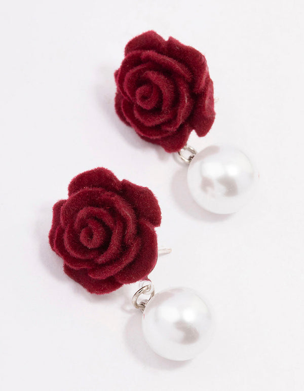 Red Felt Rose Pearl Stud Earrings