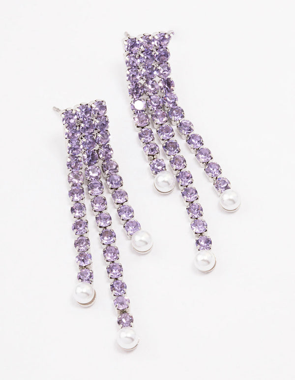 Purple Double Row Cup Chain Pearl Drop Earrings