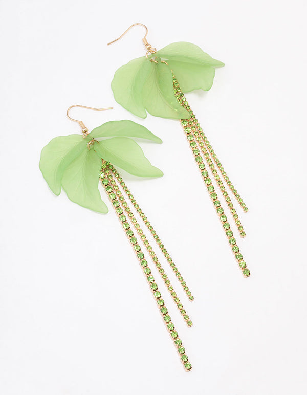 Green Leaf Petal Cup Chain Drop Earrings