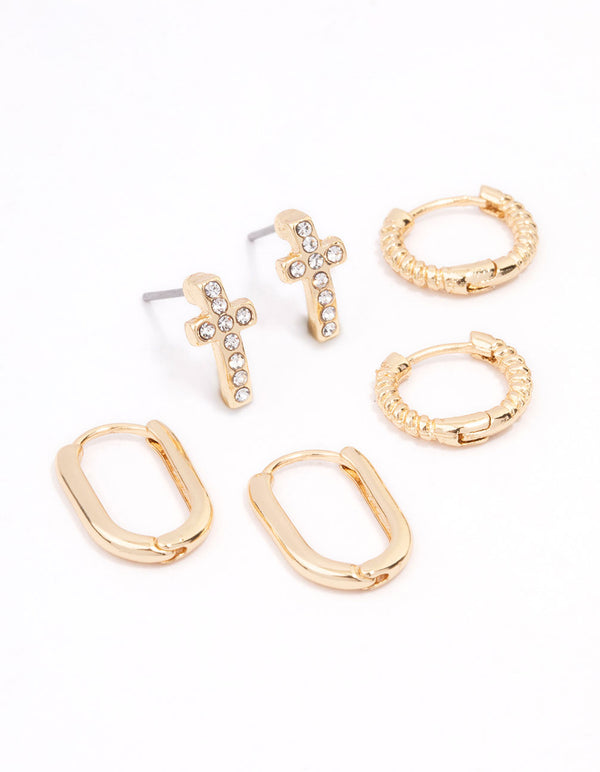 Gold Plated Cross Oval Huggie Earring 3-Pack