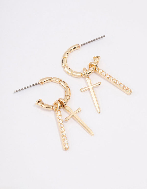 Gold Plated Cross Diamante Bar Hoop Earrings