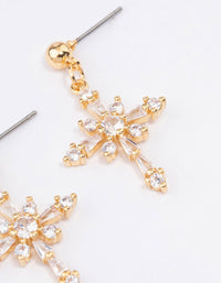 Gold Plated Cubic Zirconia Ornate Cross Drop Earrings - link has visual effect only