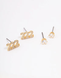 Gold Plated Cubic Zirconia Angel Number 222 Stud Earring Pack - link has visual effect only