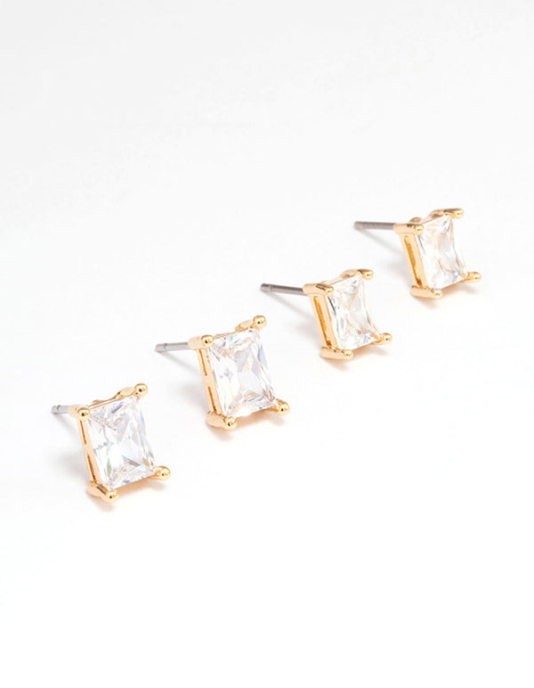 Gold Plated Cubic Zirconia Baguette Stud Earring Pack