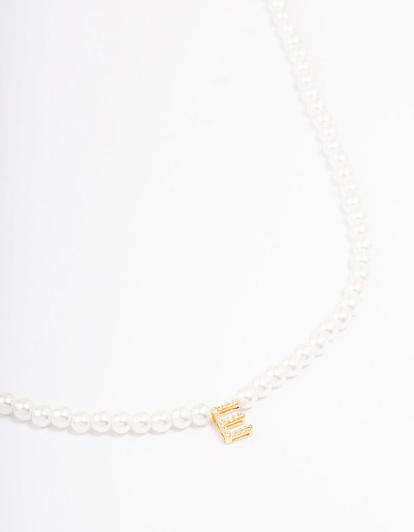 Gold Plated Letter E Initial & Pearl Pendant Necklace