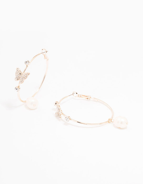 Rose Gold Butterfly & Pearl Medium Hoop Earrings