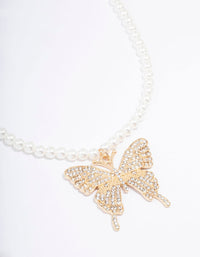 Gold Pearl & Butterfly Diamante Pendant Necklace - link has visual effect only