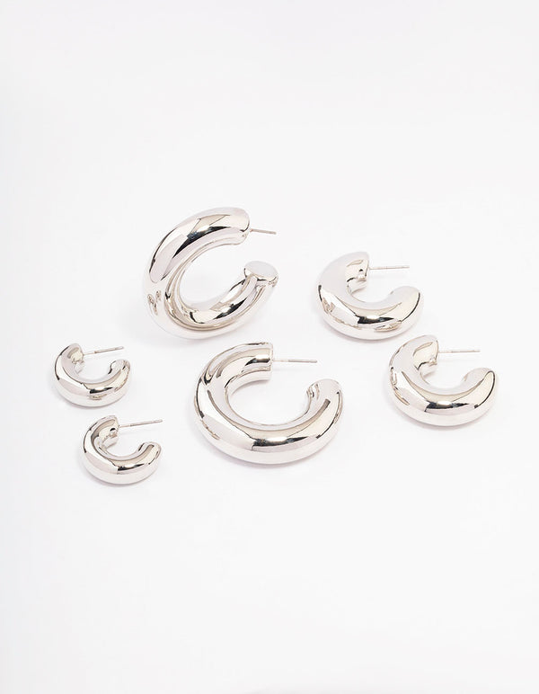 Silver Thick Smooth Hoop Earrings 3-Pack