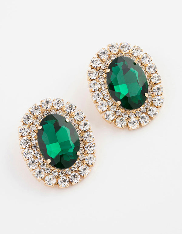 Gold Luxe Oval Emerald Halo Stud Earrings