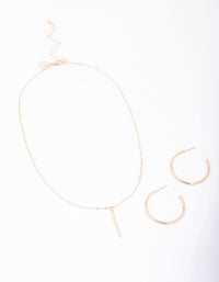 Gold Slim Stick Necklace & Earrings Jewellery Set - link has visual effect only