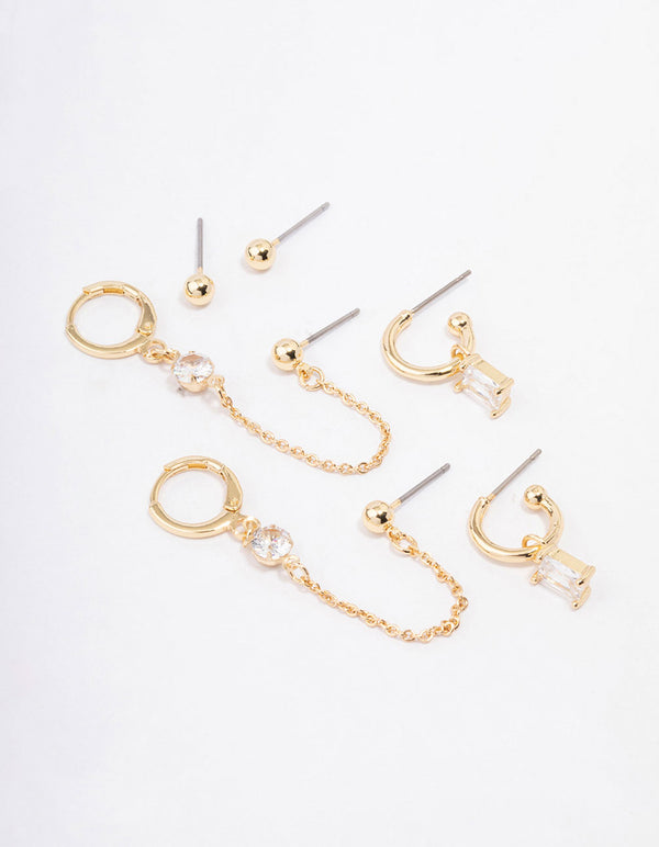 Gold Plated Brass Baguette Hoop Chain Earring 4-Pack