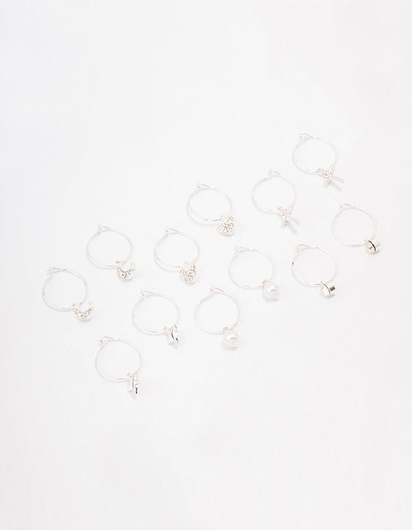 Silver Crystal Heart Wire Hoop Earring 6-Pack