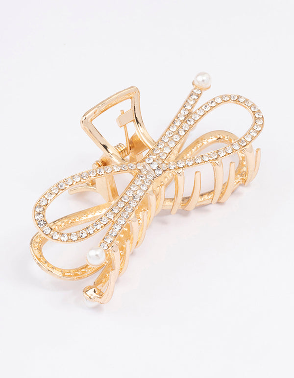 Gold Diamante Bow Hair Claw Clip