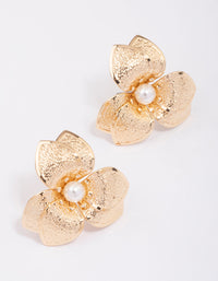 Gold Foiled Petal Pearl Stud Earrings - link has visual effect only