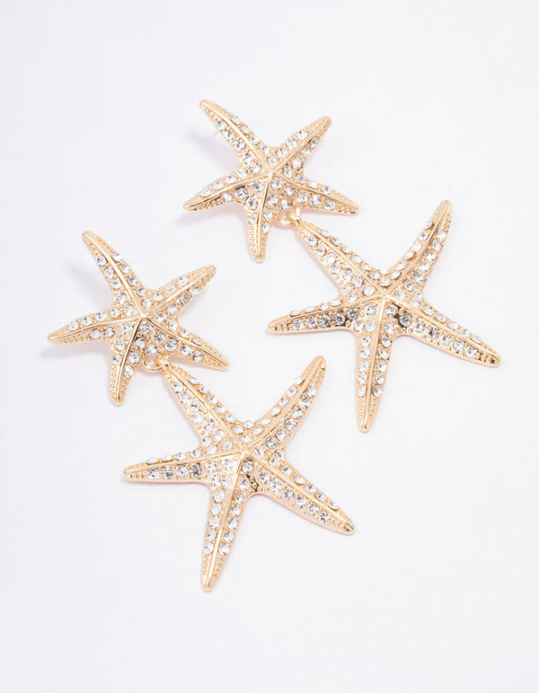 Gold Double Diamante Starfish Drop Earrings