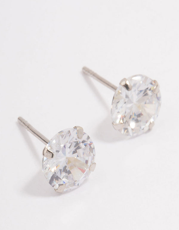 Platinum Sterling Silver Four Claw Cubic Zirconia Stud Earrings