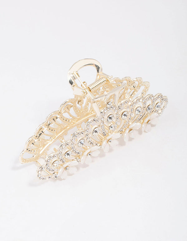 Gold Ornate Diamante & Flower Hair Claw Clip