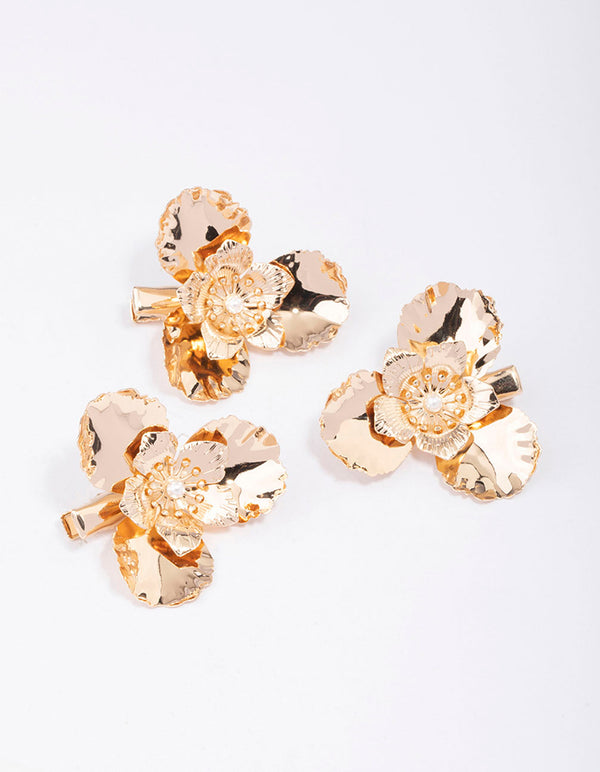 Gold Medium Pearl Flower Hair Clips 3-Pack