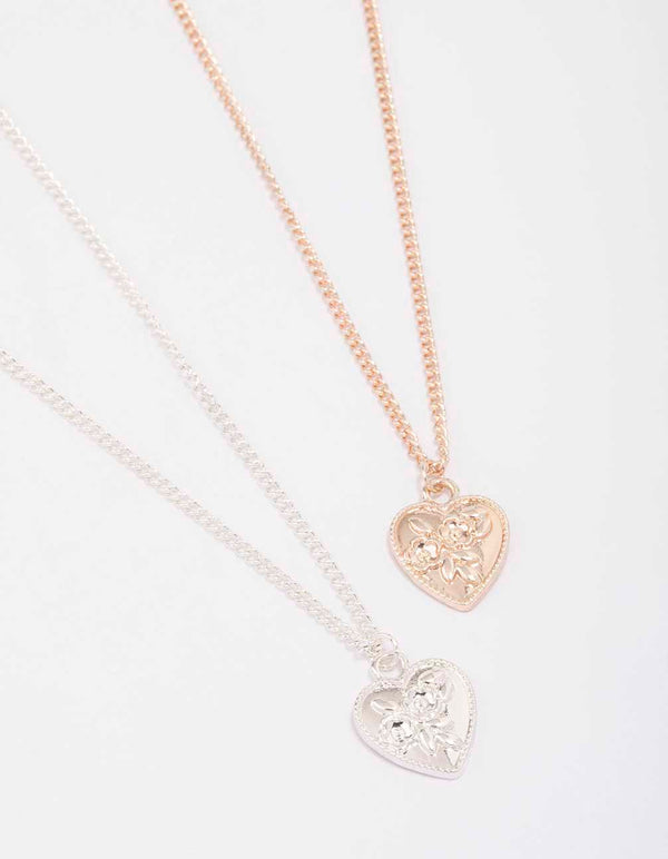 Mixed Metal Floral Heart Necklace Pack