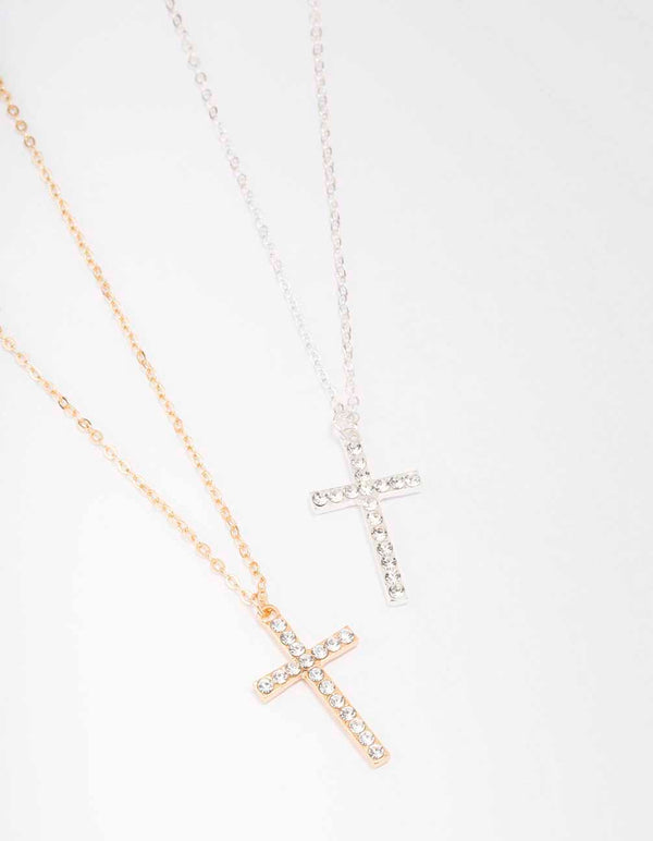 Mixed Metal Diamante Cross Necklace Pack