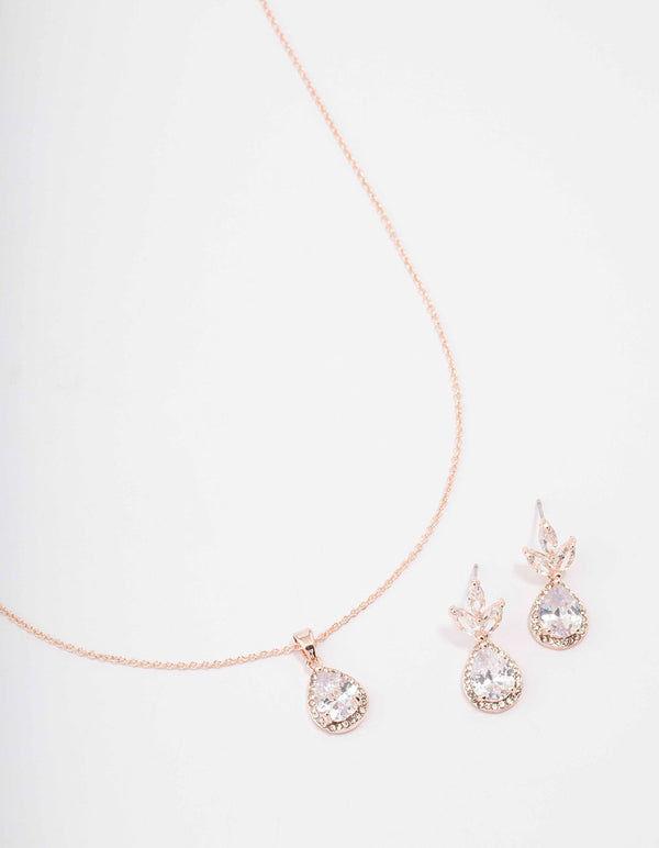 Rose Gold Leaf Pear Halo Necklace & Drop Earring Set