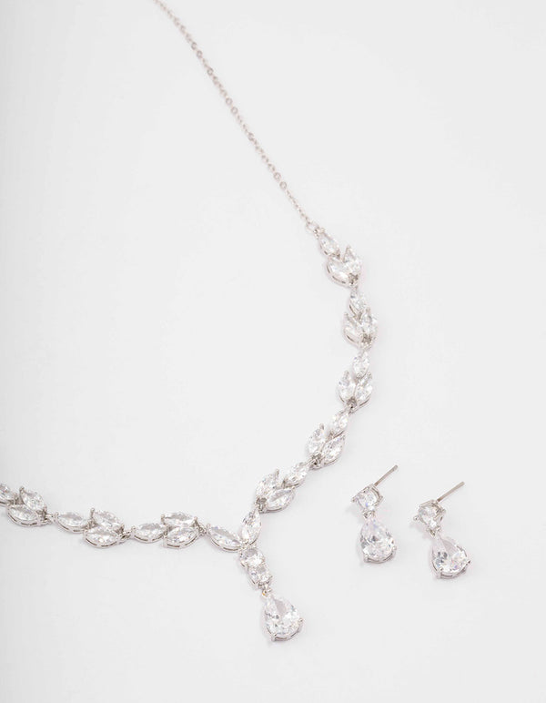 Silver Marquise Pear Necklace & Drop Earring Set