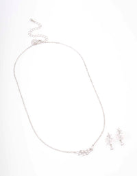 Rhodium Dainty Sparkle Flower Necklace & Earring Set - link has visual effect only