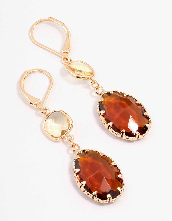 Gold Square & Oval Drop Earrings