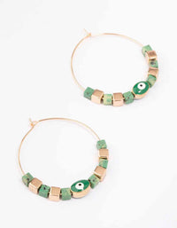 Gold & Green Beaded Evil Eye Hoop Earrings - link has visual effect only