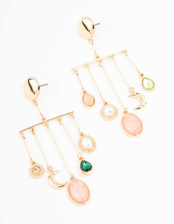 Gold Multi Charm Drop Earrings