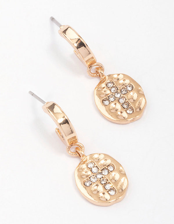 Gold Cross Diamante Huggie Hoop Earrings