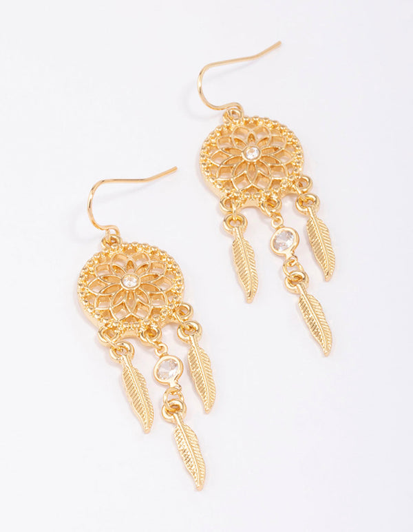 Gold Plated Dream Catcher Drop Earrings