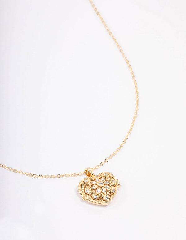 Gold Plated Elaborate Puffy Heart Locket Pendant Necklace