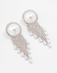 Rhodium Oversized Pearl Cup Chain Diamante Earrings - link has visual effect only