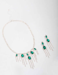 Silver Emerald & Diamante Drop Jewellery Set - link has visual effect only