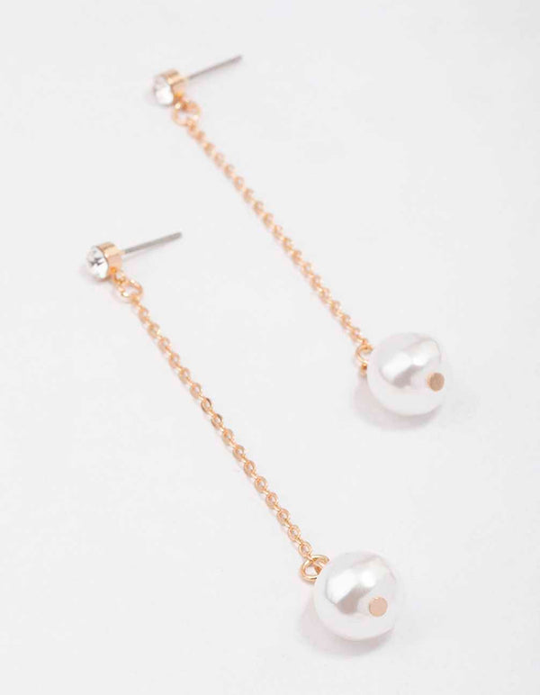 Gold Diamante Pearl Chain Drop Earrings