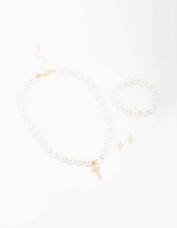 Gold Pearl Cross Matching Jewellery Set