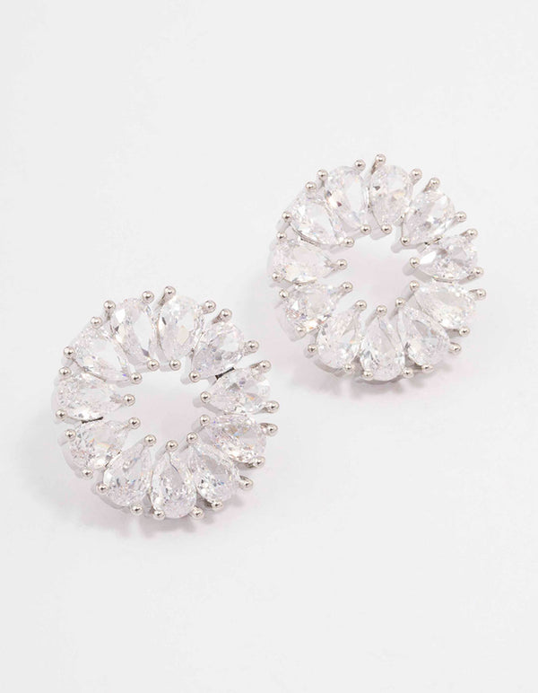 Silver Cubic Zirconia Pear Wreath Stud Earrings