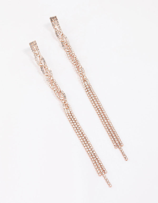 Rose Gold Diamante Twisted Chain Drop Earrings