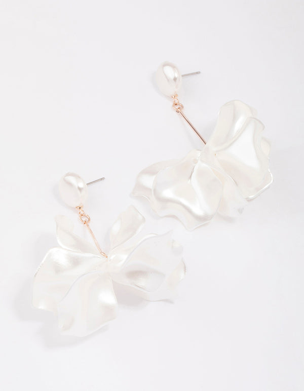 Rose Gold Flower Petal Long Drop Earrings