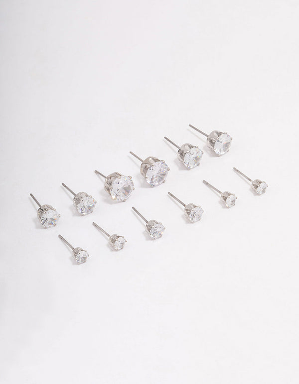 Rhodium Classic Round Cubic Zirconia Earring 6-Pack