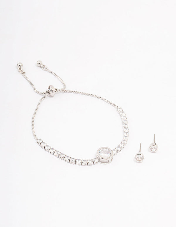 Silver Round Cubic Zirconia Toggle Bracelet Set