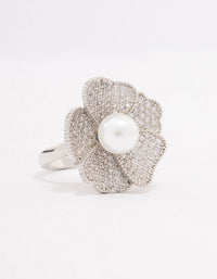 Silver Large Flower & Pearl Ring - link has visual effect only