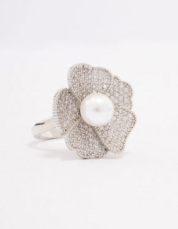 Silver Large Flower & Pearl Ring