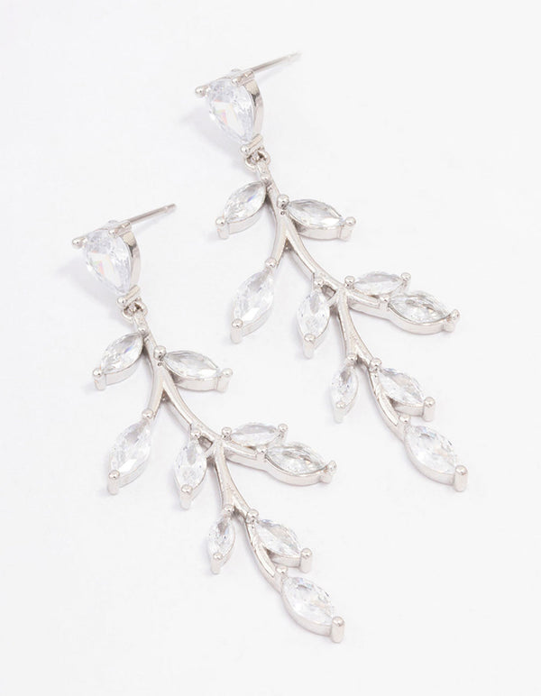 Rhodium Cubic Zirconia Leaf Drop Earrings