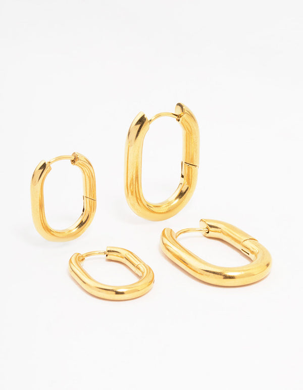 Waterproof Gold Plated Stainless Steel Square Oval Hoop Earrings 2-Pack