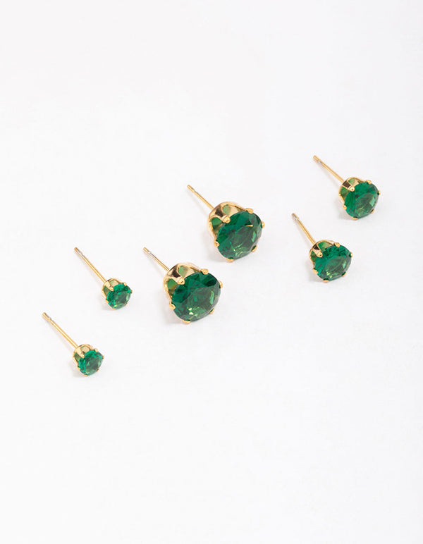 Waterproof Gold Plated Stainless Steel Graduating Emerald Cubic Zirconia Earring 3-Pack