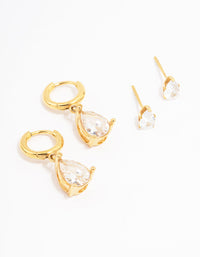 Waterproof Gold Plated Stainless Steel Pear Cut Cubic Zirconia Earrings 2-Pack - link has visual effect only