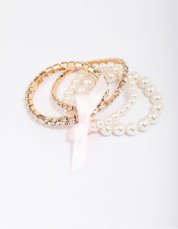 Gold & Pearl Beaded Bow Bracelet 4-Pack