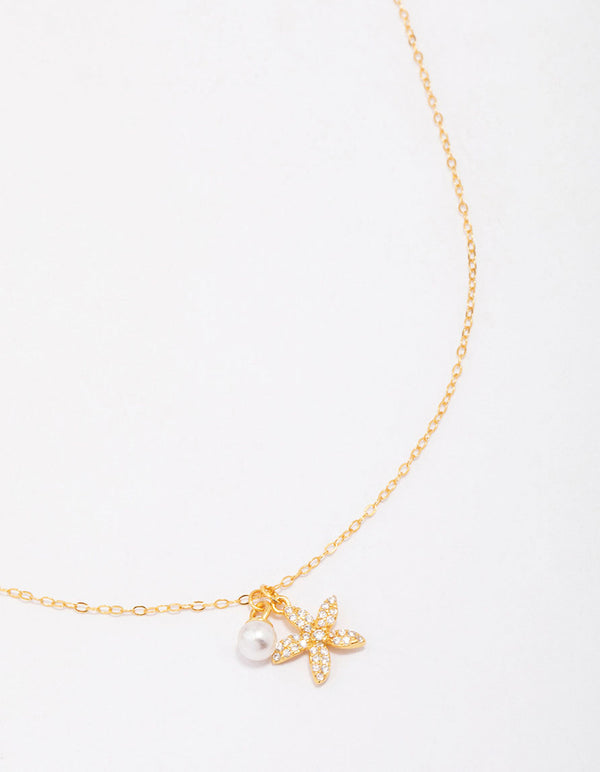 Gold Plated Sterling Silver Starfish Freshwater Pearl Chain Necklace